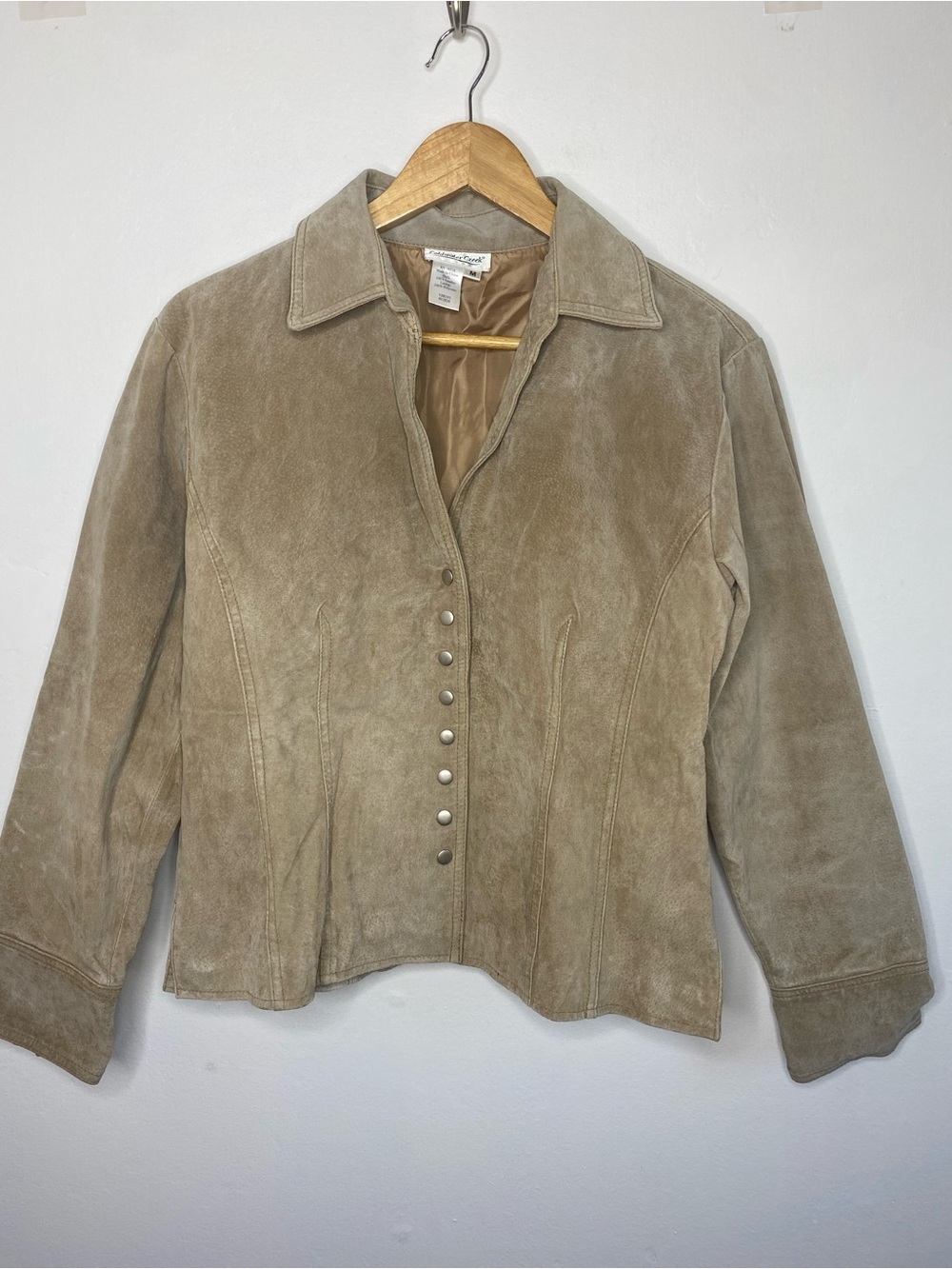 Suede Snap button Tan Jacket Size Medium Neutral Retro Minimalist